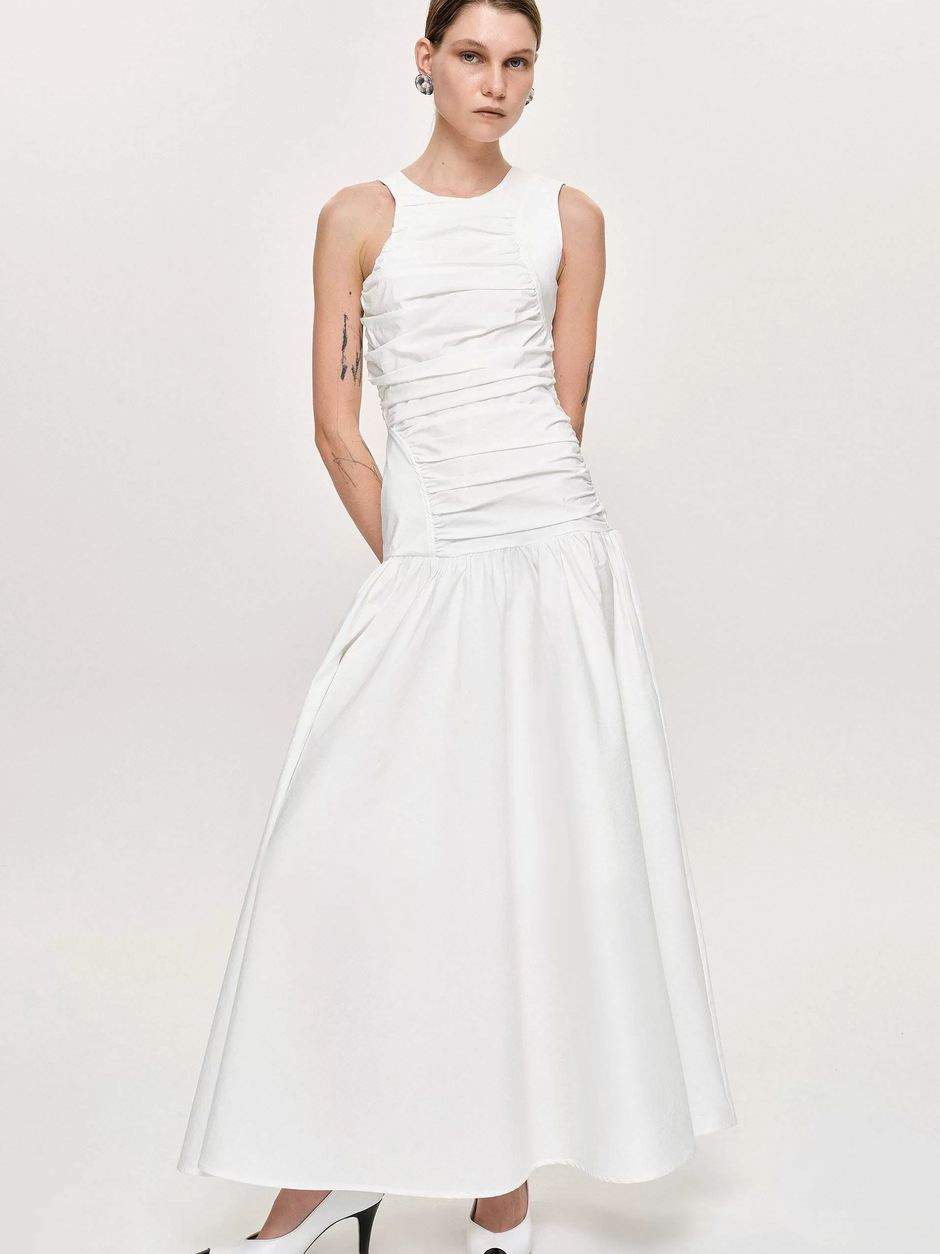 Online Jurk Met Verlaagde Taille En Ruches, Gebroken Wit Vrouwen Accessoires