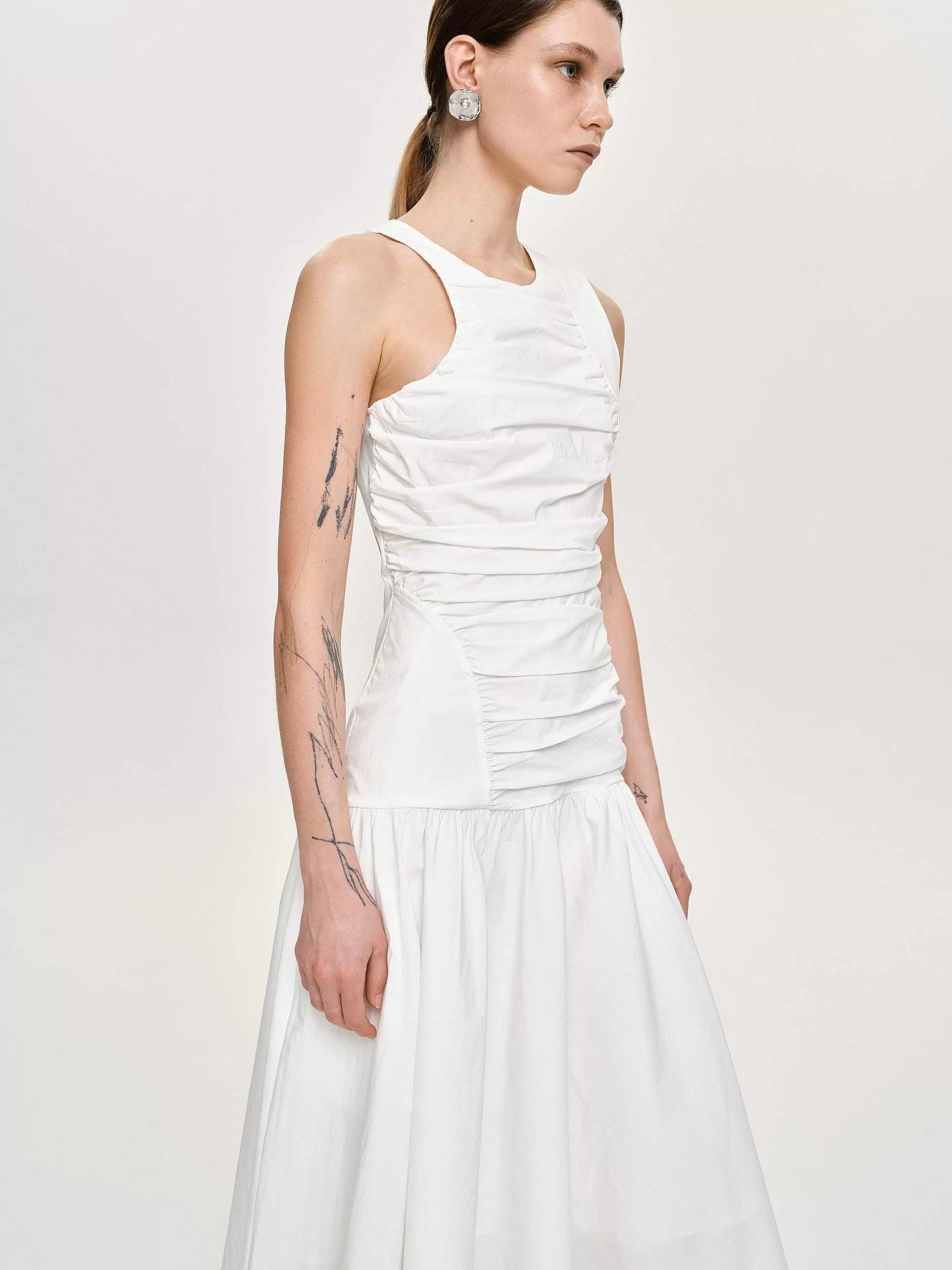 Online Jurk Met Verlaagde Taille En Ruches, Gebroken Wit Vrouwen Accessoires