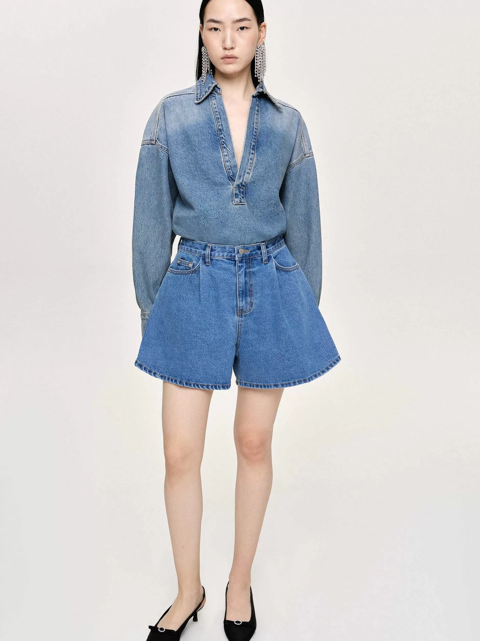 Shop Uitlopende Denim Shorts, Middenblauw Vrouwen Denim